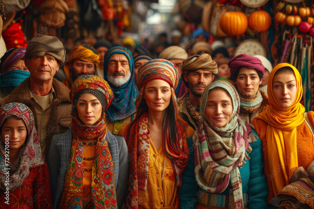 Cultural Gathering at Local Marketplace.
A warm group portrait in a bustling market ambiance.