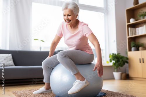 Smiling elderly woman with exercise ball. Mature woman working out on fitness ball at home. Senior woman, fitness and healthy lifestyle concept