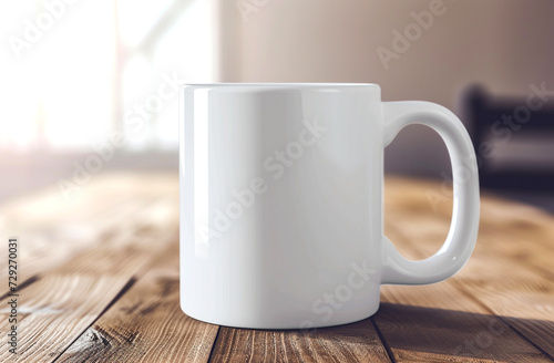 A mockup of an empty white cup sitting on top of the table