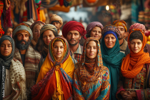 Vibrant Market Scene with Diverse Crowd. Group of people in colourful attire gathered at a traditional market.