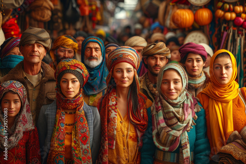 Cultural Gathering at Local Marketplace. A warm group portrait in a bustling market ambiance.