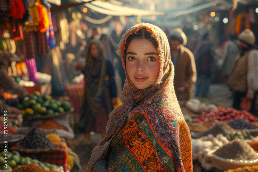 Graceful Presence in a Bustling Marketplace.
Elegant woman in a traditional outfit amidst a vibrant market.