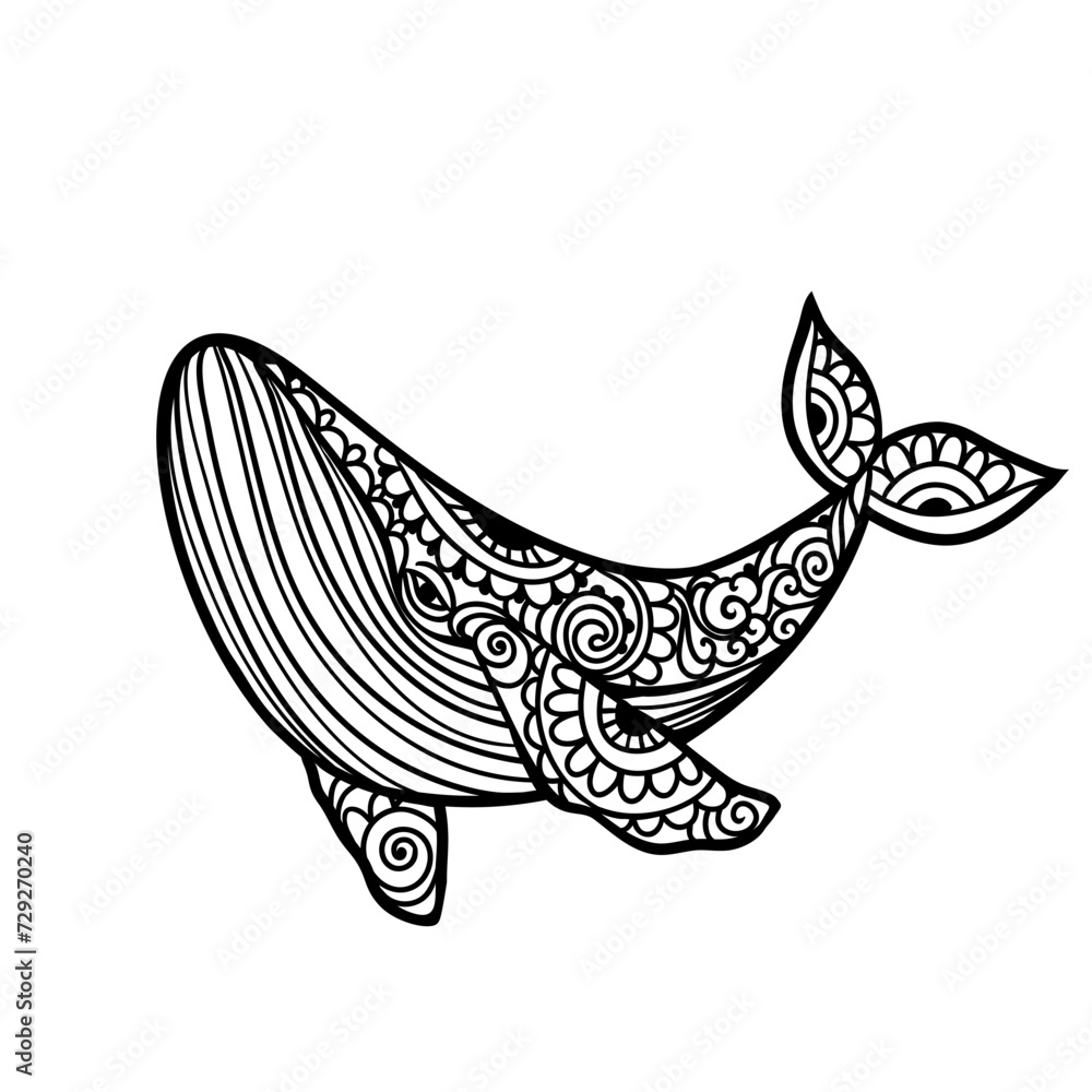 Whale mandala. Vector illustration. Adult coloring page. Whale sea