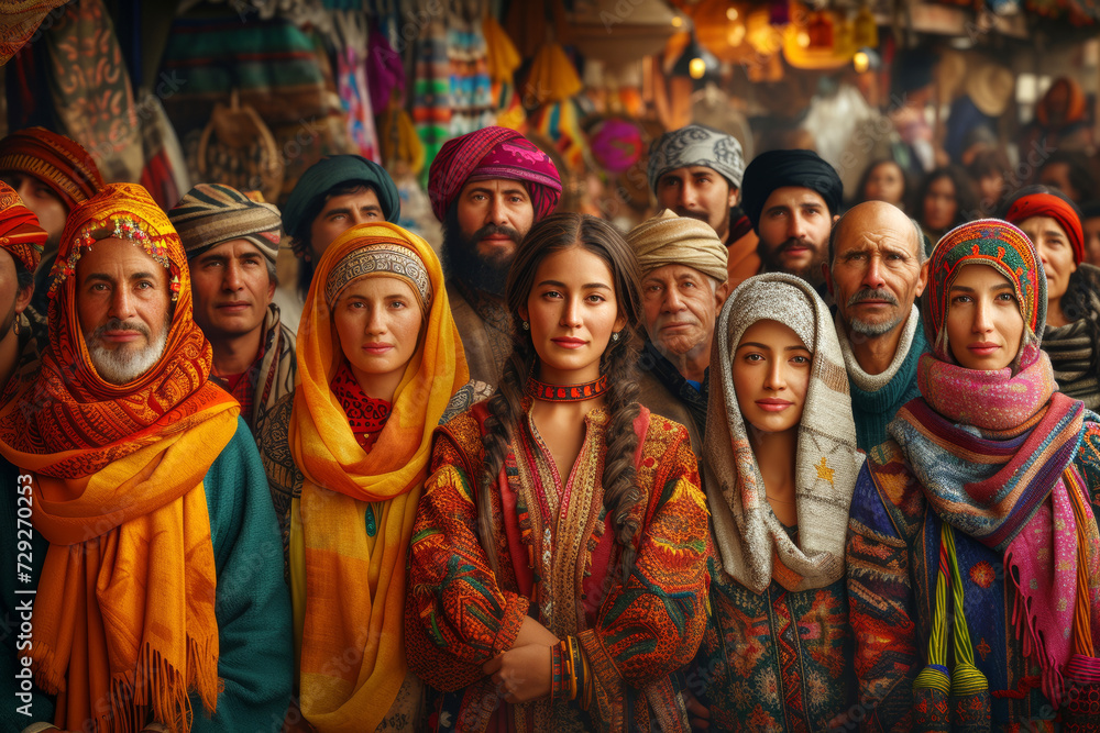 Vibrant Tapestry of Traditional Attire.
Description: Diverse group in colourful cultural clothes.