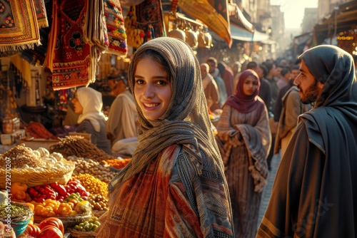 Local Woman Smiling in Market Alley. Young woman with a radiant smile in a traditional market setting.