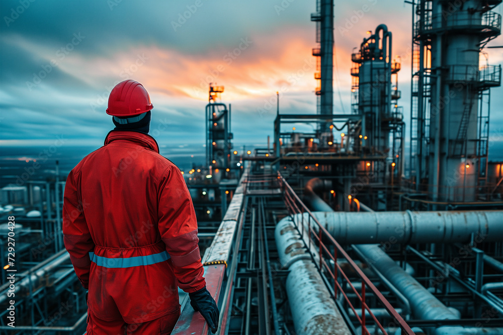custom made wallpaper toronto digitalIndustrial worker overlooking a petrochemical plant at dusk Generative AI image