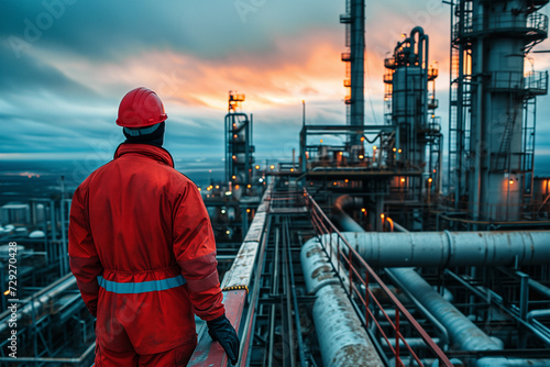 Industrial worker overlooking a petrochemical plant at dusk Generative AI image photo