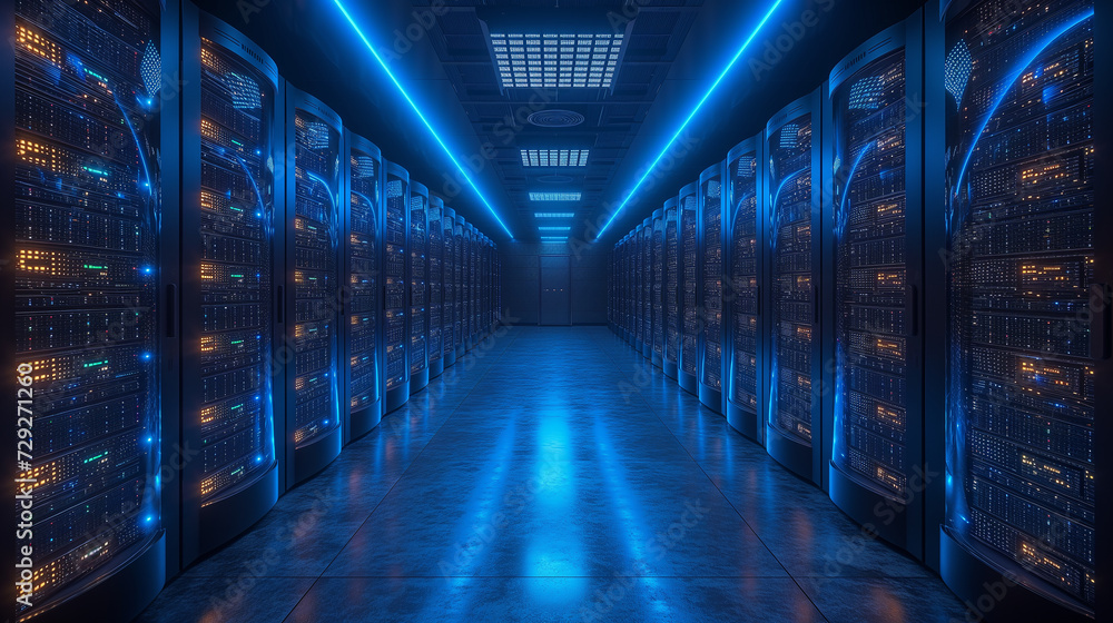 A digital fortress: server room with racks aglow, safeguarding valuable data A digital fortress: server room with racks aglow, safeguarding valuable data
