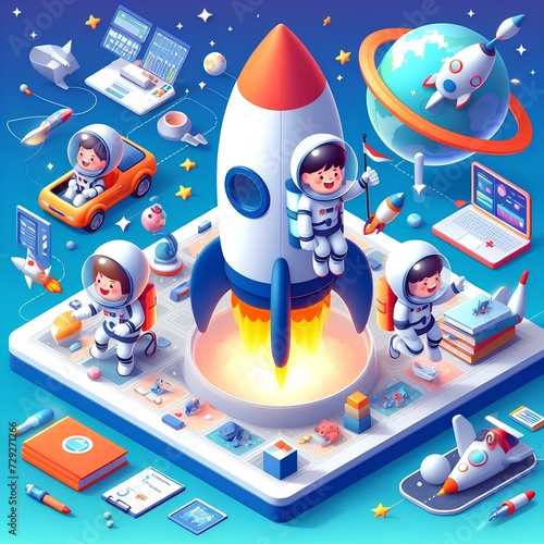 Isometric design 3D kids riding a rocket and flying in space like astronaut 