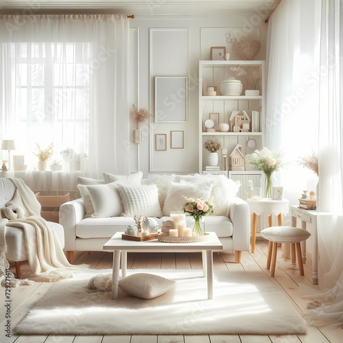  A photo of a cozy and sweet white living room, featuring soft, plush furnishings and a warm, inviting atmosphere. © bteeranan