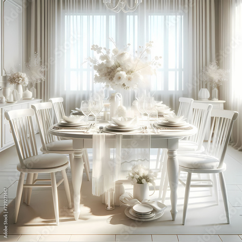 A photo of an elegant and sweet white dining table, set in a bright and airy dining room. The table is beautifully arranged with fine white tableware