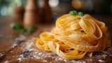 Classic pappardelli pasta prepared in a family restaurant, restaurant menu, and unusual background.