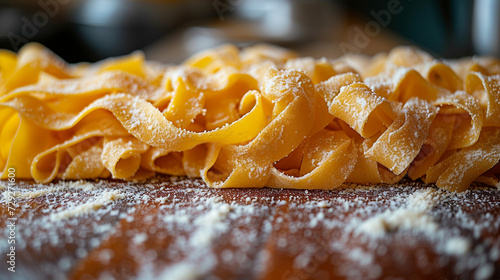 Classic pappardelli pasta prepared in a family restaurant, restaurant menu, and unusual background. photo