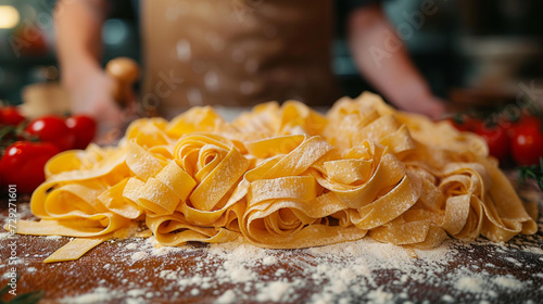 Classic pappardelli pasta prepared in a family restaurant, restaurant menu, and unusual background.