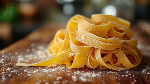 Classic pappardelli pasta prepared in a family restaurant  restaurant menu  and unusual background.