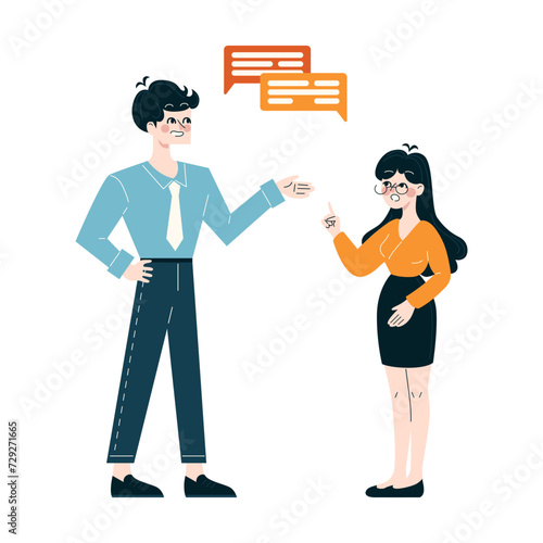 Business People concept. Constructive dialogue between colleagues enhances problem-solving. Exchange of ideas in corporate communication. Flat vector illustration