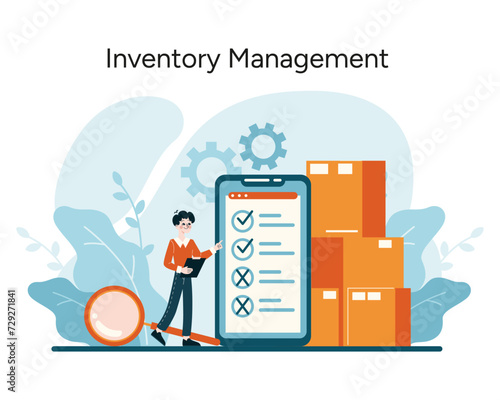 Inventory Management concept. Organized stock control and efficient resource tracking for streamlined operations. Reduced procurement costs. Flat vector illustration