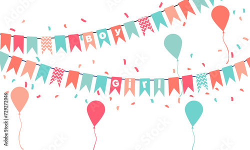 Baby and kids party decoration, pastel party flag and confetti illustration, Online birthday party. baby boy and girl.