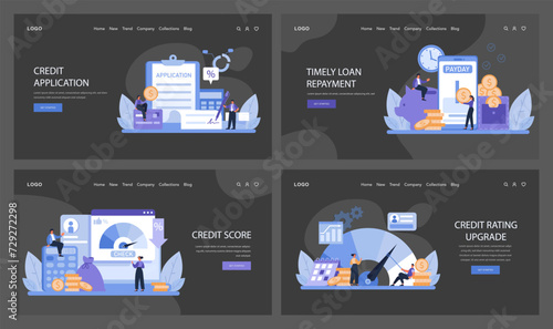 Credit Score Process Illustration Set. From the initial credit application to timely loan repayments and credit rating upgrades, capture the financial journey. Flat vector illustration
