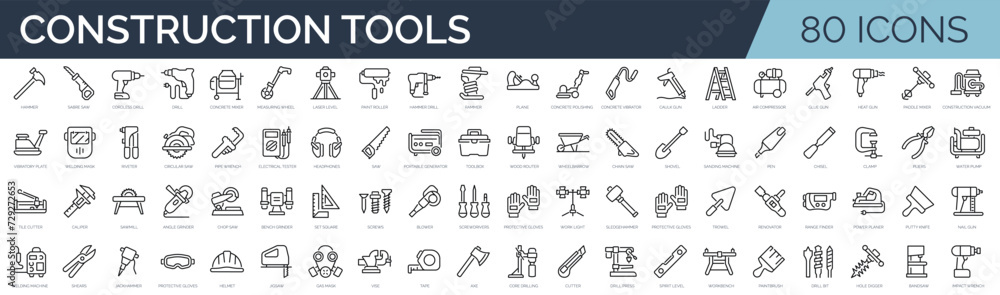 Set of 80 outline icons related to construction tools. Linear icon collection. Editable stroke. Vector illustration Set of 80 outline icons related to construction tools. Linear icon collection. Editable stroke. Vector illustration