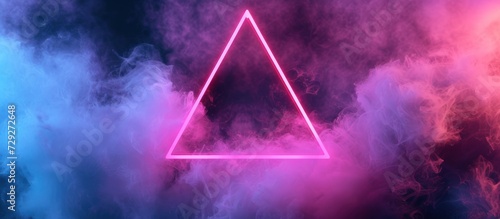 Empty triangle neon light with smoke background, AI generated image