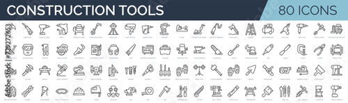 Set of 80 outline icons related to construction tools. Linear icon collection. Editable stroke. Vector illustration
