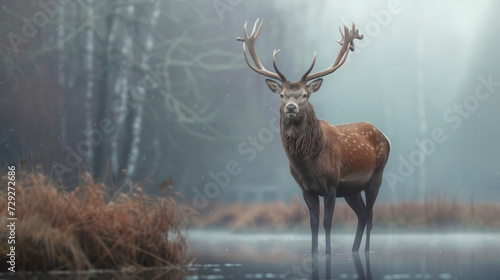 Deer stands in a foggy forest 