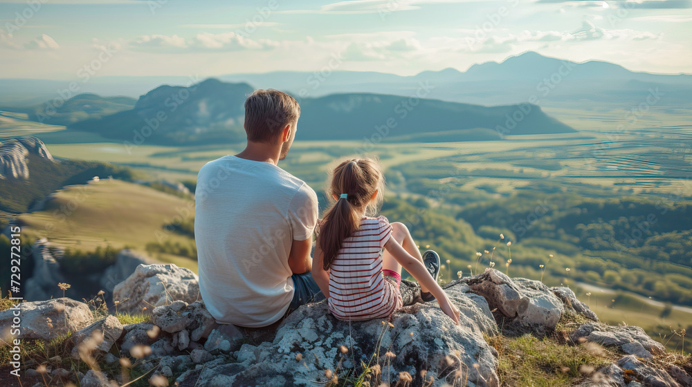 Father sits with his daughter on the edge of a cliff and watches nature
