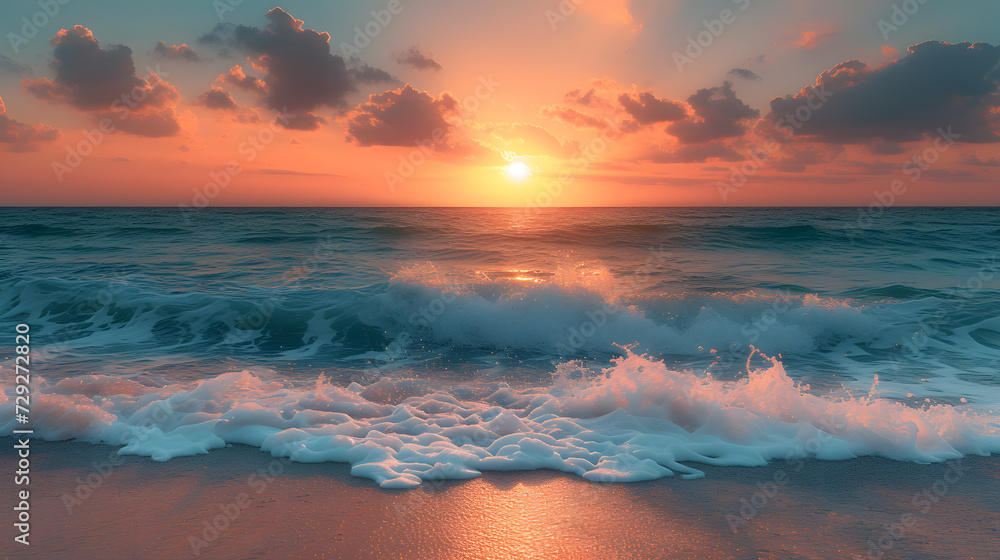 A tranquil beach, with azure waves as the background, during a serene sunset