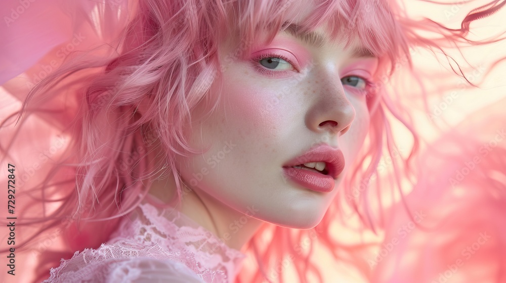 Portrait of a girl with wavy pink hair
