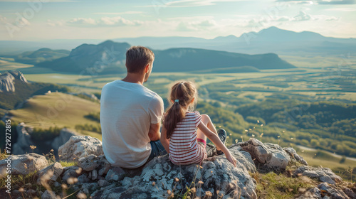 Father sits with his daughter on the edge of a cliff and watches nature 