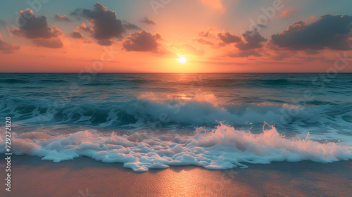 A tranquil beach, with azure waves as the background, during a serene sunset