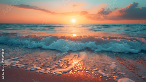 A tranquil beach, with azure waves as the background, during a serene sunset