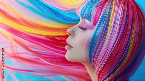 Portrait of a girl with bright, multi-colored makeup and multi-colored hair 