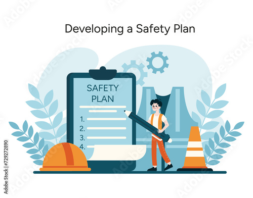Developing a Safety Plan vector. Detailing a worker's involvement in formulating robust safety protocols, pivotal for industrial hazard prevention. Flat vector illustration