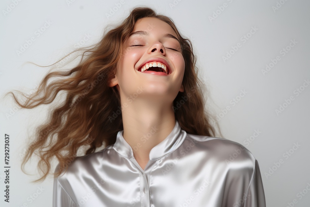 Caucasian woman, dressed in tranquil pajamas adorned with simple patterns, radiates a calm smile against the backdrop of a plain background setting. Generative AI. Caucasian woman, dressed in tranquil pajamas adorned with simple patterns, radiates a calm smile against the backdrop of a plain background setting. Generative AI.