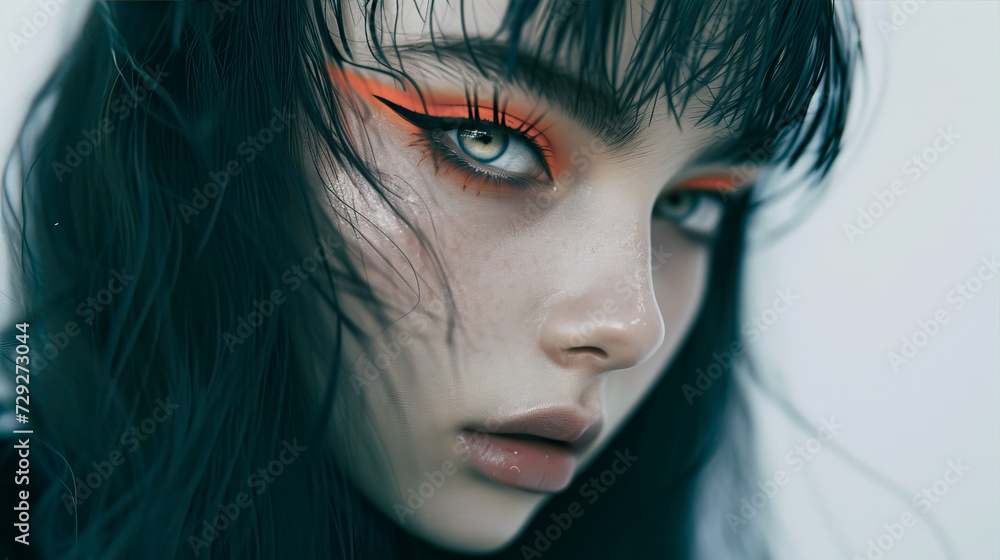 Fototapeta premium Portrait of a girl with a bob and bright orange makeup 