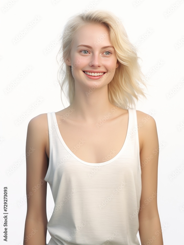 Caucasian woman, dressed in tranquil pajamas adorned with simple patterns, radiates a calm smile against the backdrop of a plain background setting. Generative AI. Caucasian woman, dressed in tranquil pajamas adorned with simple patterns, radiates a calm smile against the backdrop of a plain background setting. Generative AI.