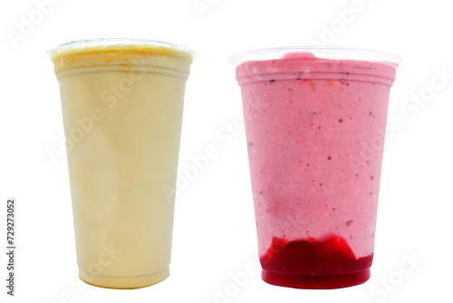 Panoramic still life of colorful frozen fruit granita drinks flowing in plastic takeaway cups with ice cream straws taste. photo
