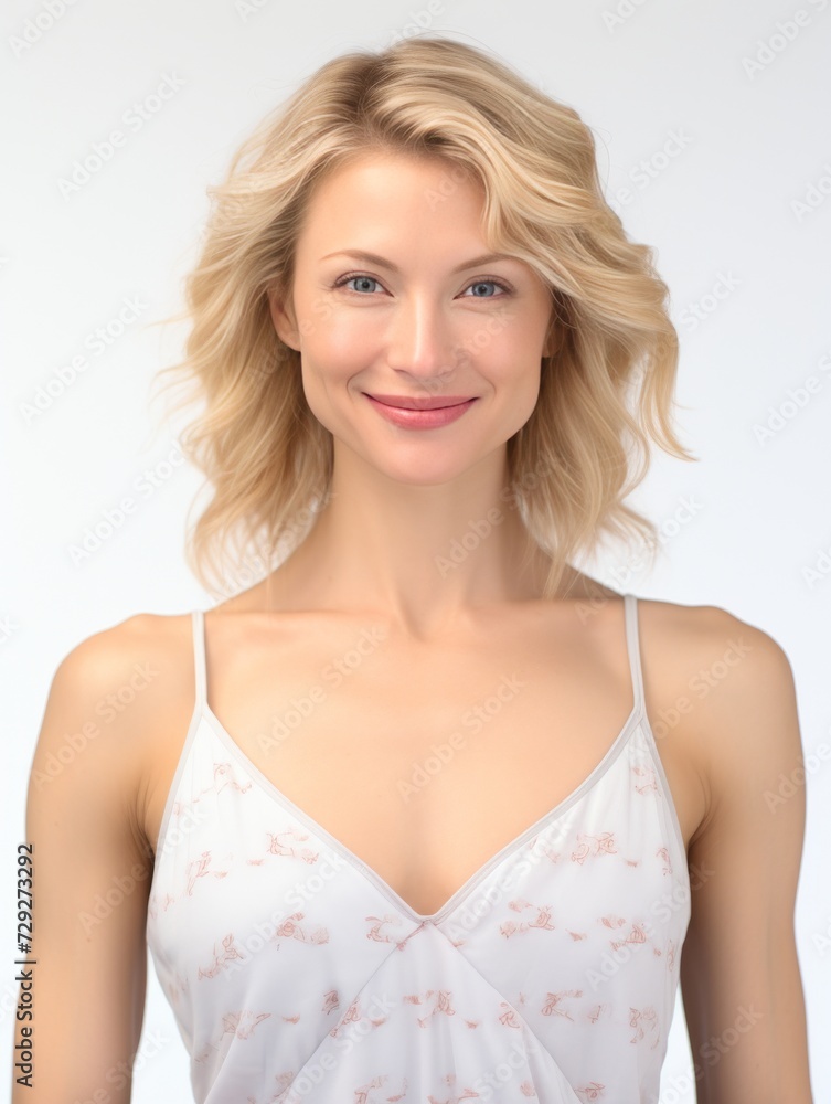 Dressed in serene white pajamas adorned with Normal motifs, a Caucasian woman stands against a plain background, her serene smile lighting up the scene. Generative AI. Dressed in serene white pajamas adorned with Normal motifs, a Caucasian woman stands against a plain background, her serene smile lighting up the scene. Generative AI.