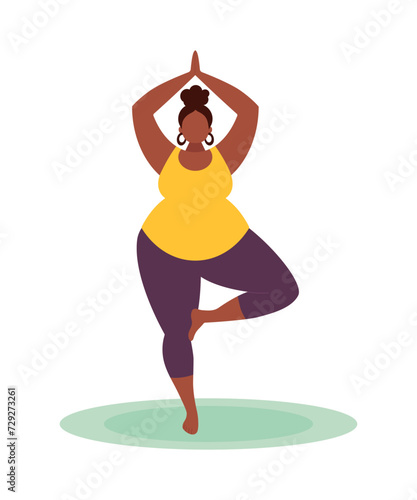 Plus Size Black Woman Practicing Yoga. The Tree Asana. Body Positivity. Flat Vector Illustration