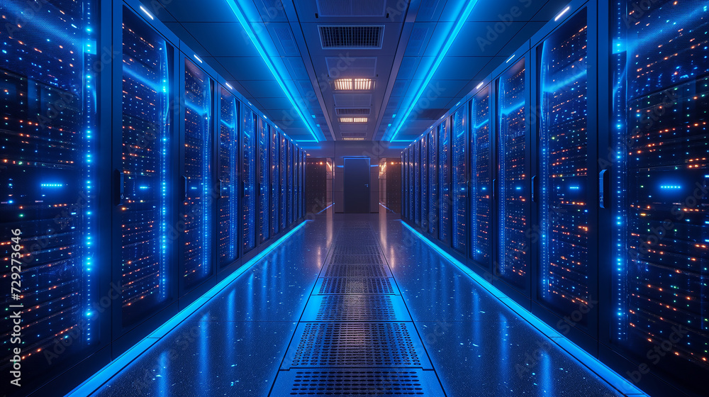 The power of information storage: server room filled with luminous blue racks