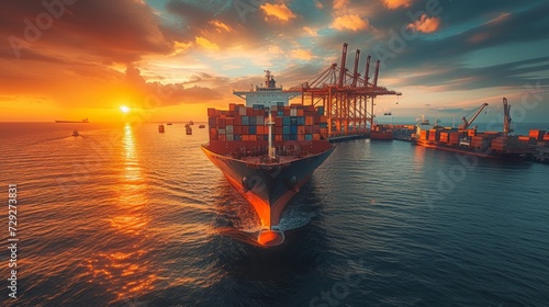 At sunrise, Container Cargo Ship and Cargo Plane with crane bridge are being moved in a shipyard. The background is a background in the logistics, import, export, and transportation industry.