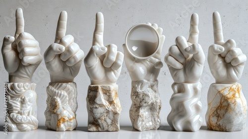 Three dimensional hands showing gestures as ok, peace, thumb up, point to an object, shaka, rock, holding magnifying glass, writing isolated on white background. Contemporary art, creative collage. photo