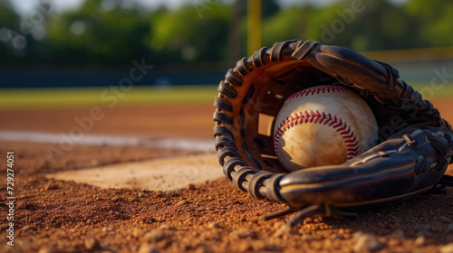 leather baseball glove and ball on a serene baseball field, suggesting the quiet enjoyment of America's pastime, for advertising of luxury sports equipment or a publication promoting baseball