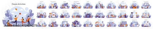 People Activities set. A diverse collection captures individuals and families immersed in hobbies and tasks from gardening to podcasting, enhancing everyday life. Vector illustration