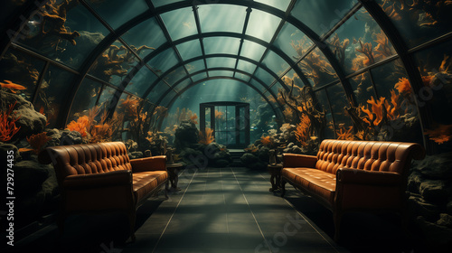 a living room with a couch and a fish tank