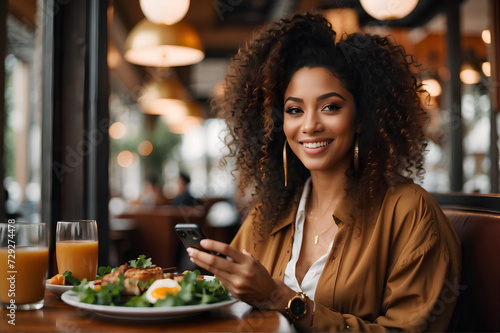 Healthy food influencer girl in a restaurant creating content with her mobile