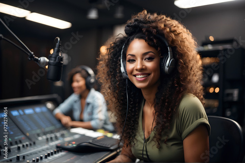 Content creator women, influencer, in a live recording studio recording a podcast