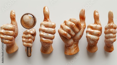 Hand gestures, thumbs up, shaka, rock, magnifying glass, writing and pointing to an object in 3D isolated on a white background. Contemporary art, creative collage. photo